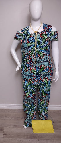 Colorful patterned outfit on a mannequin against a plain background